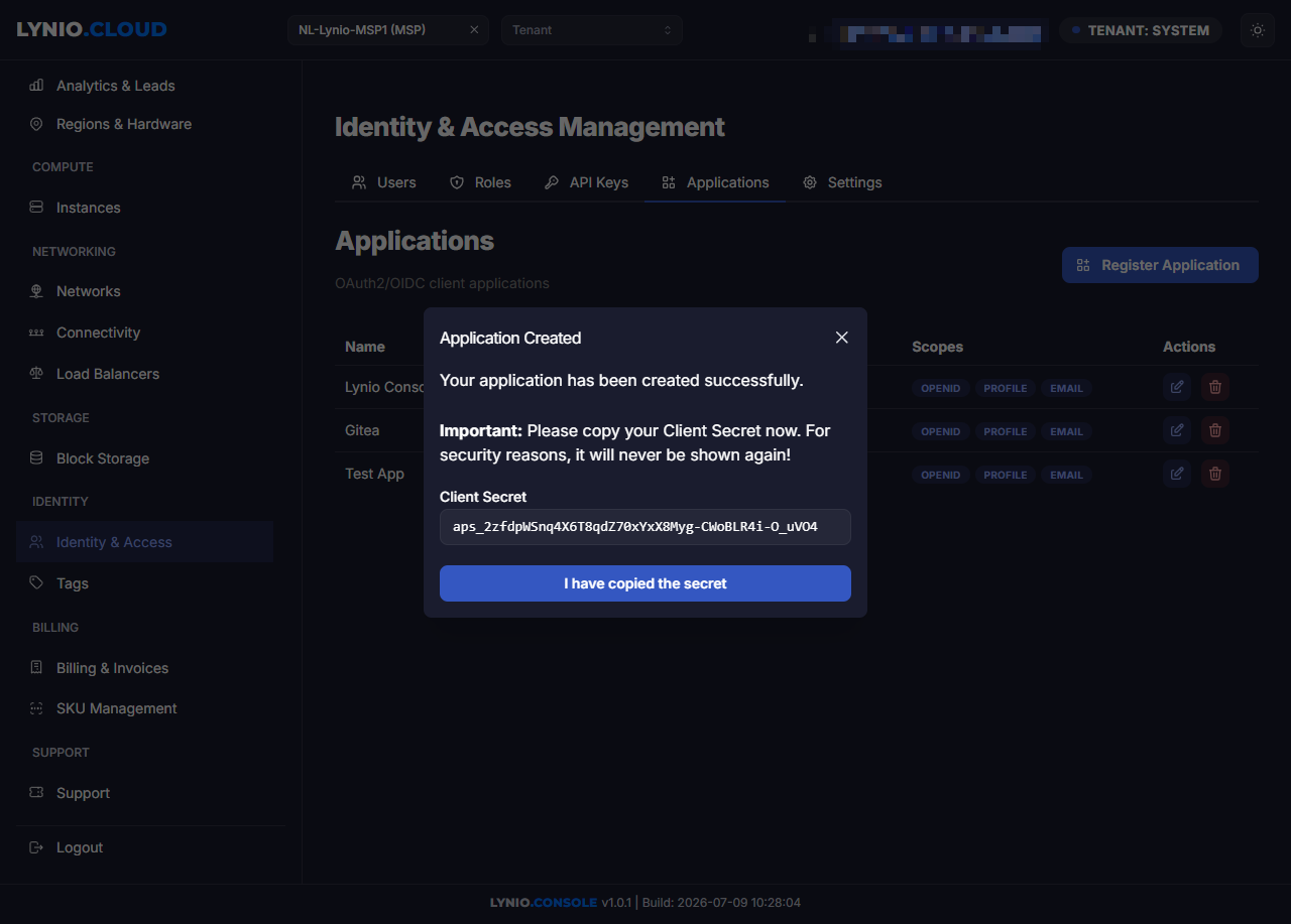 Application Registration Modal showing Client ID and Client Secret