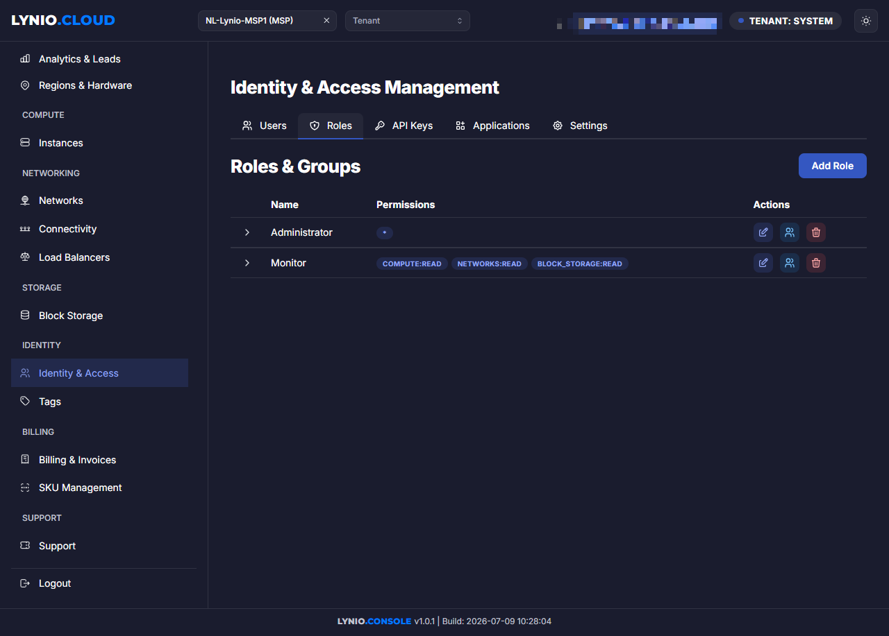 Roles page displaying permission badges