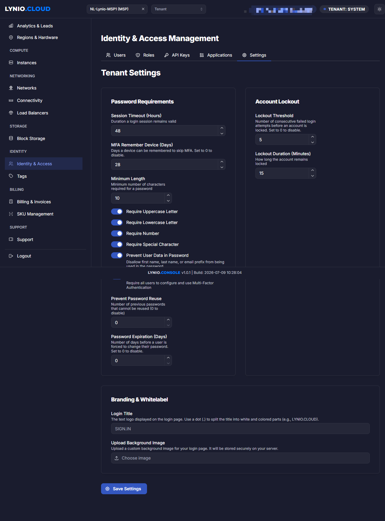 Settings tab showing Password Policies, Lockout Thresholds, and MFA settings